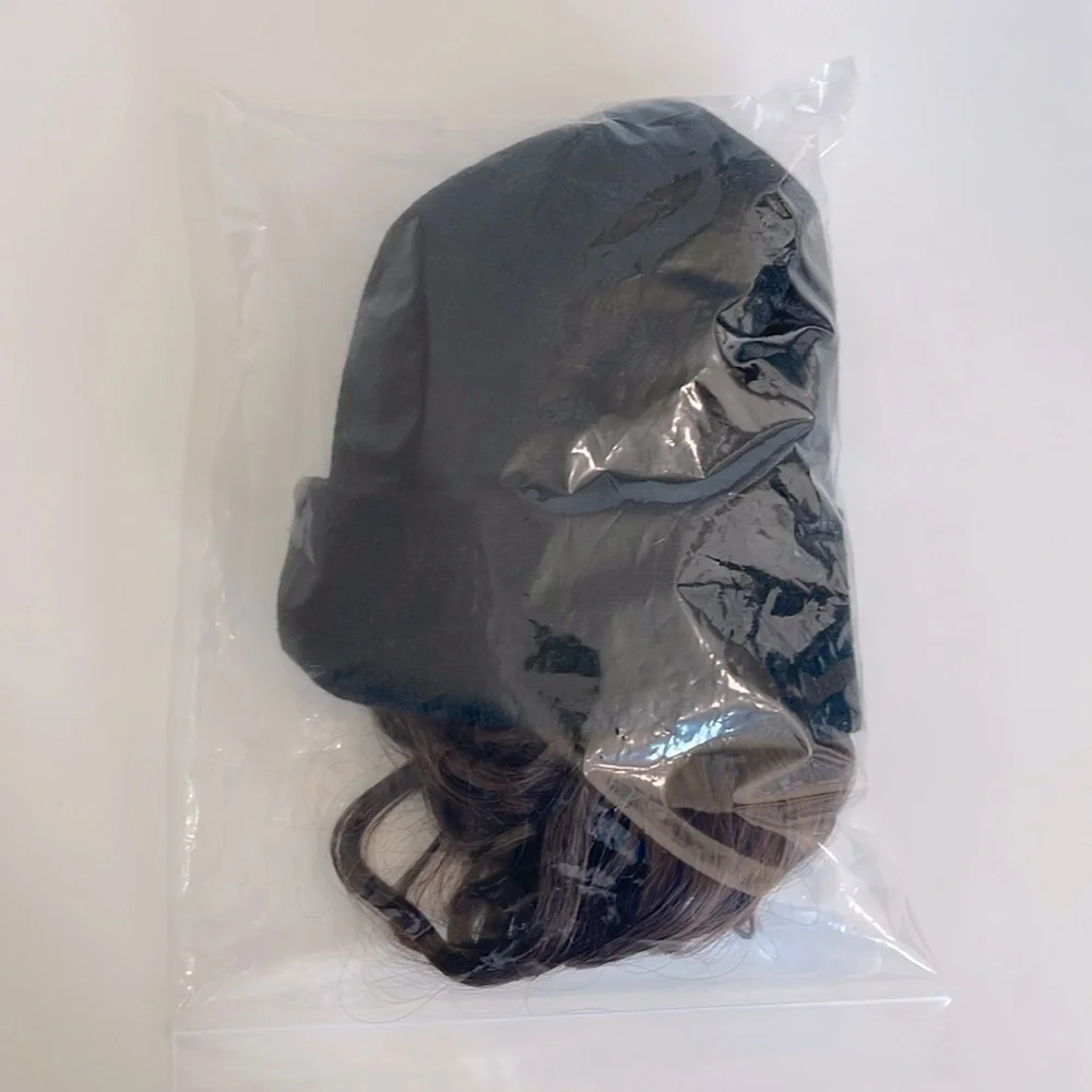 Long Curly Wavy Brown Hair Beanie Wig • Black Knit Hat Attached Extensions 30”